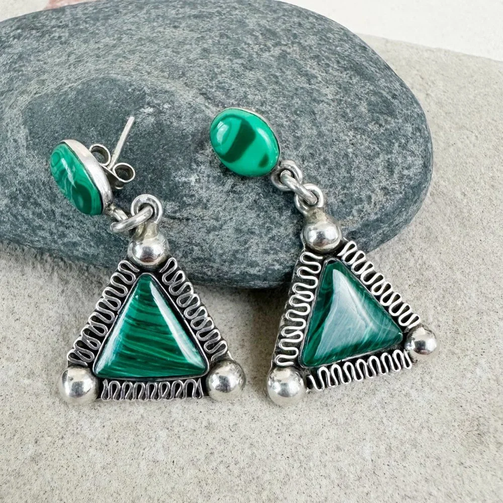 NEW‎ Sterling Silver Malachite Earrings Southwestern Pierced  925 Mexico